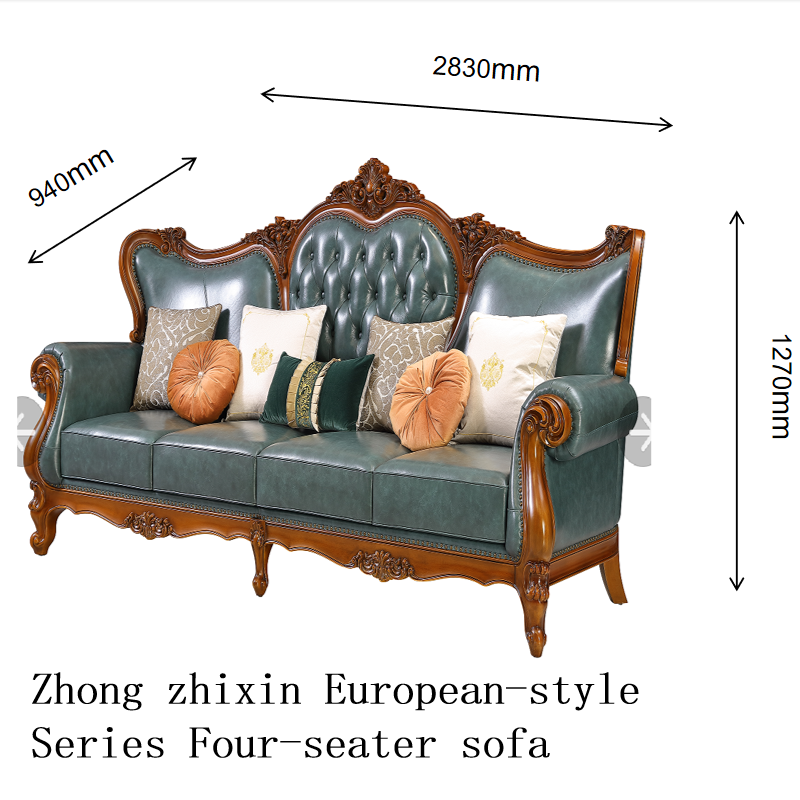 Zhong zhixin Luxury Dark green Four-seater sofa European-style Series Solid wood and genuine leather large sofa crafted with care by Danish designer