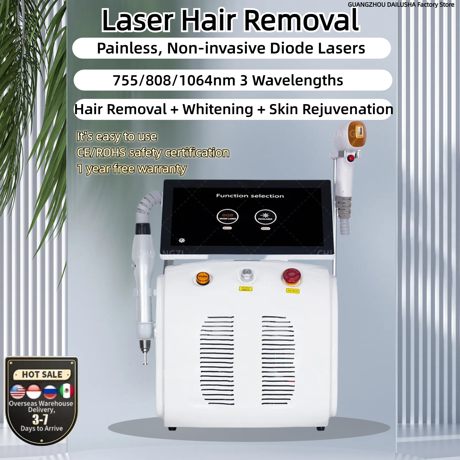 808nm Laser Hair Removal Device Vertical Sapphire Laser Touch Screen Whole Body Use Whitening Rejuvenation 3000W