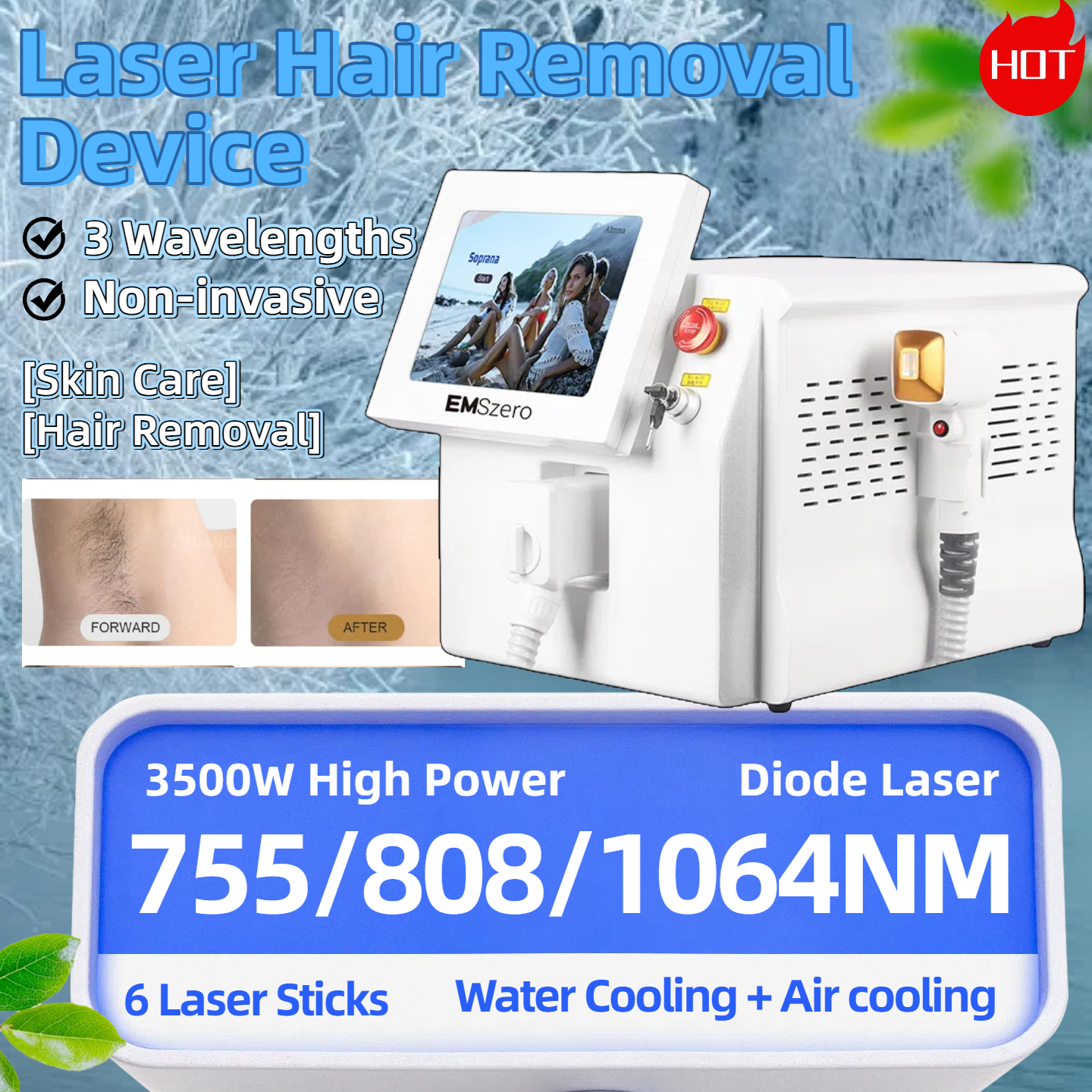 808nm Professional Diode Laser Hair Removal Machine, 3 Wavelengths (755-808-1064), Ice Platinum, Permanent Depilation Reduce Hair Follicles+Tender S
