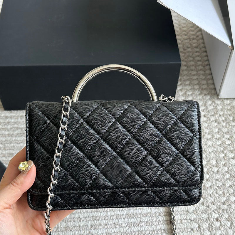 Women Designer Shoulder Bag Mini Flap Wallet with Silver Handle Caviar Leather Turn Buckle Hardware Woven Chain Cross Body Card Holders Luxury Sacoc