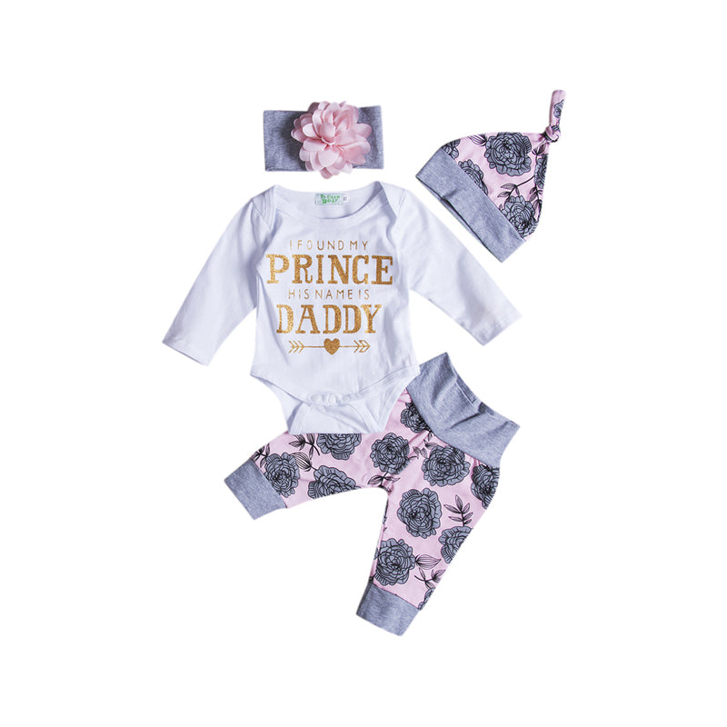 4PCS Fashion Cute Newborn Infant Baby Girls Cotton Long Sleeve O-Neck Covered Button Letter Print Romper Tops Pants Hat Headband