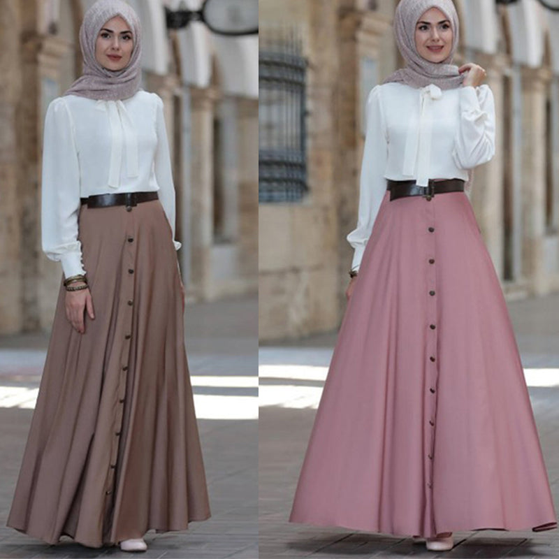 Large Swing Long Skirt Women Dubai Muslim Elegant High Waist Button A-line Skirts Laides Arab Solid Islamic Clothing Plus Size
