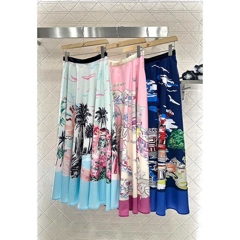 2025 New Luxury Brand Summer Fashion Map Printed Pattern Elegant Lady A-line Skirts Women High Waist 3 Colour Long Skirt