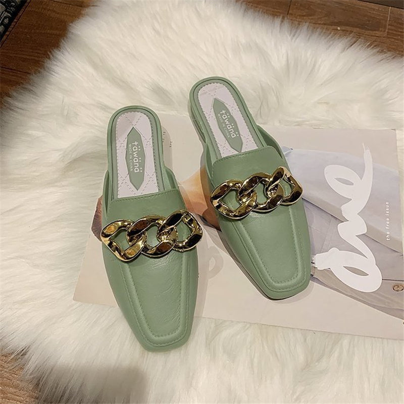 2021 Womens shoes spring rubber chain Baotou square heel flat candy color casual half drag sandals1