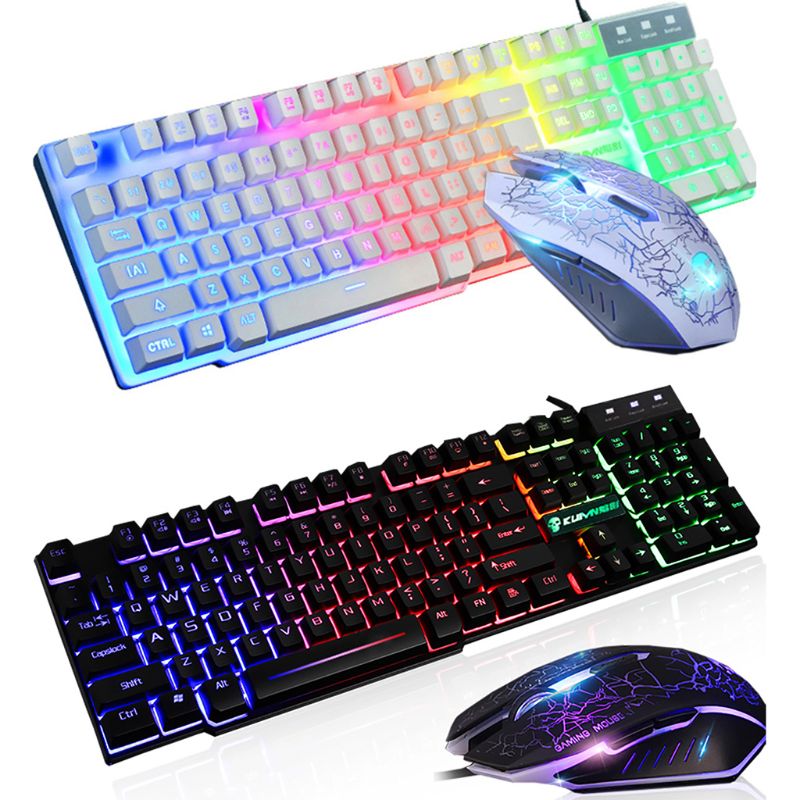 1Set T6 Rainbow LED Backlit Multimedia Ergonomic USB Wired Gaming Keyboard Wired Mouse and Mouse Pad for PC Laptop Computer User