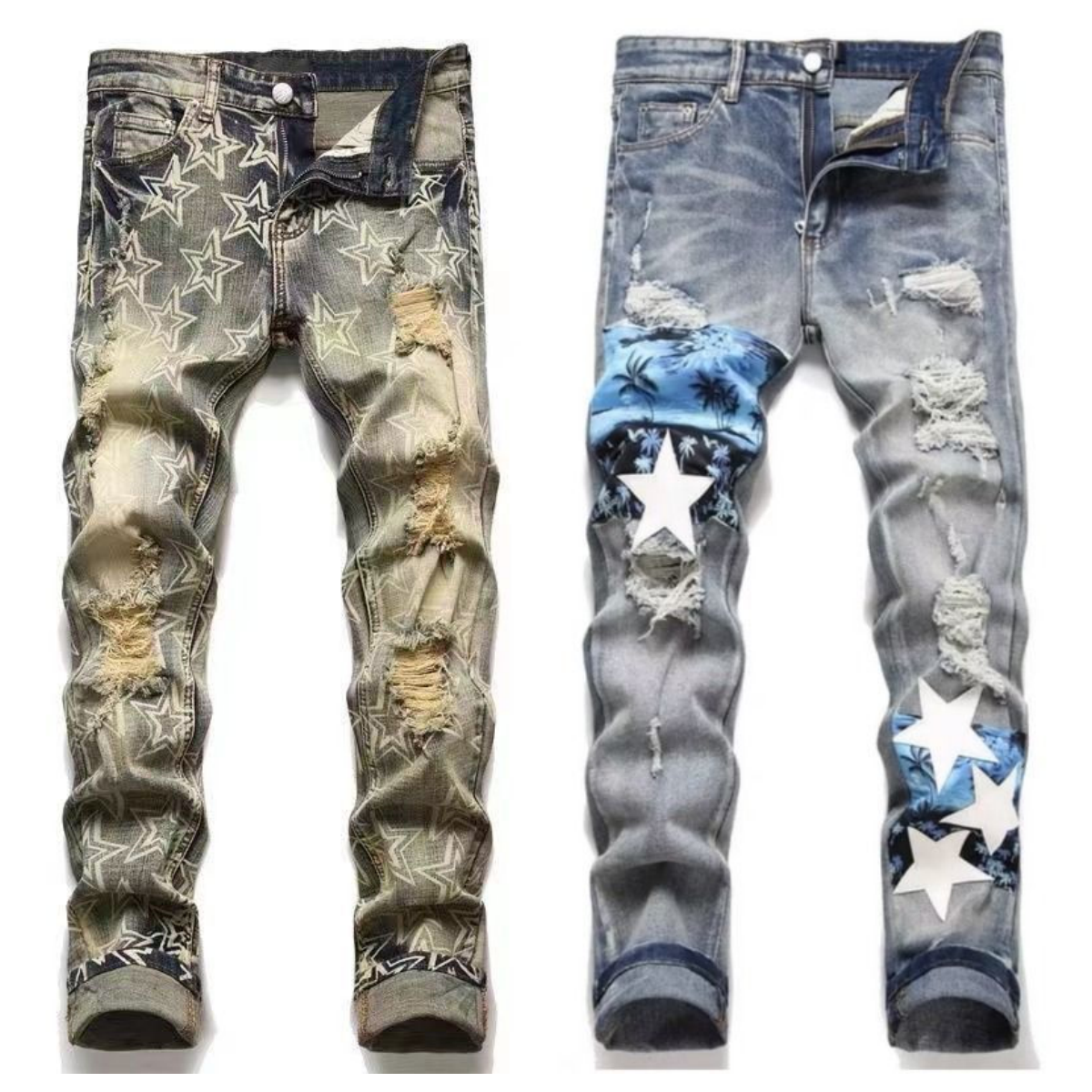 Designer Men&#039;s Trendy Jeans High Street Retro Paint Spot Slim Feet Micro Elastic Jeans Hip-hop Zipper Hole Jeans Size S-3XL