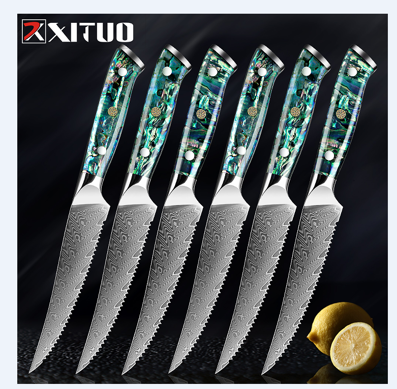XITUO 1-6 PCS Steak Knife 67 Layer Damascus Steel Serrated Steak Knife Sharp Blade Kitchen Practical Knives Abalone Shell Handle