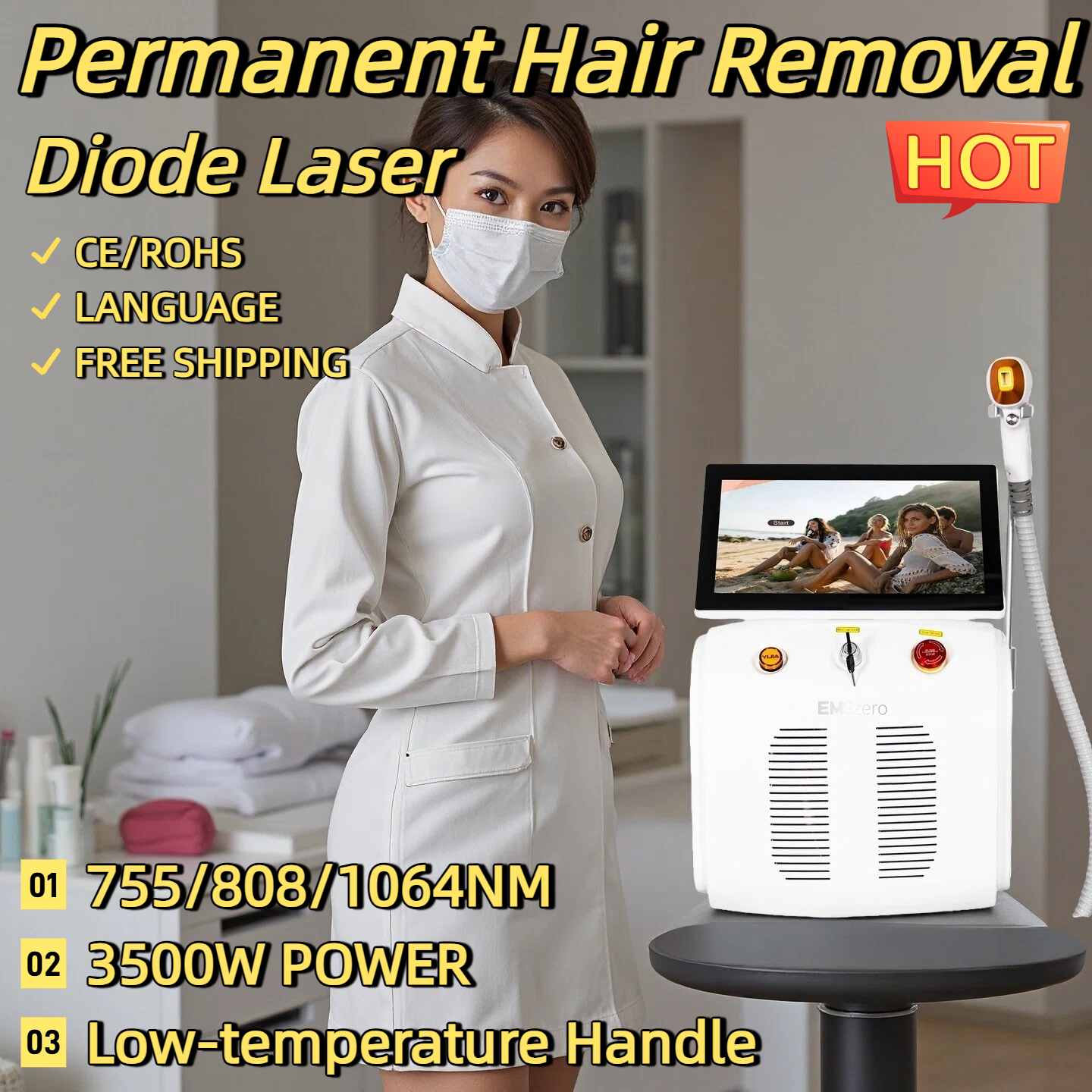 New Large Screen Diode Laser Hair Removal Machine Painless Permanent Hair Removal Skin Whitening High Power Smart 3 Wavelengths 755-808-1064nm Laser