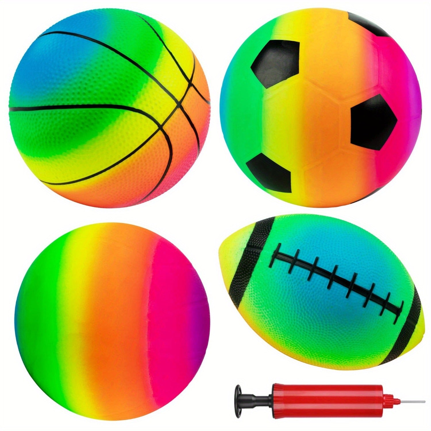 4 PCS Rainbow Sports Balls Set with Pump - 6&quot; Football, Basketball, Soccer & Playground Balls, Summer Toy for Indoor-Outdoor Games - Perfect fo