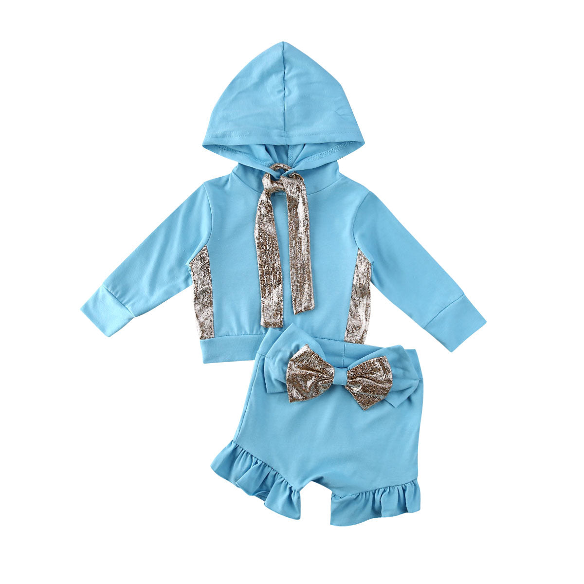 Spring 2PCS Toddler Baby Girl Clothes Sets 0-4Y Long Sleeve Hoodie Blue Tops Bow Shorts Pants Outfits
