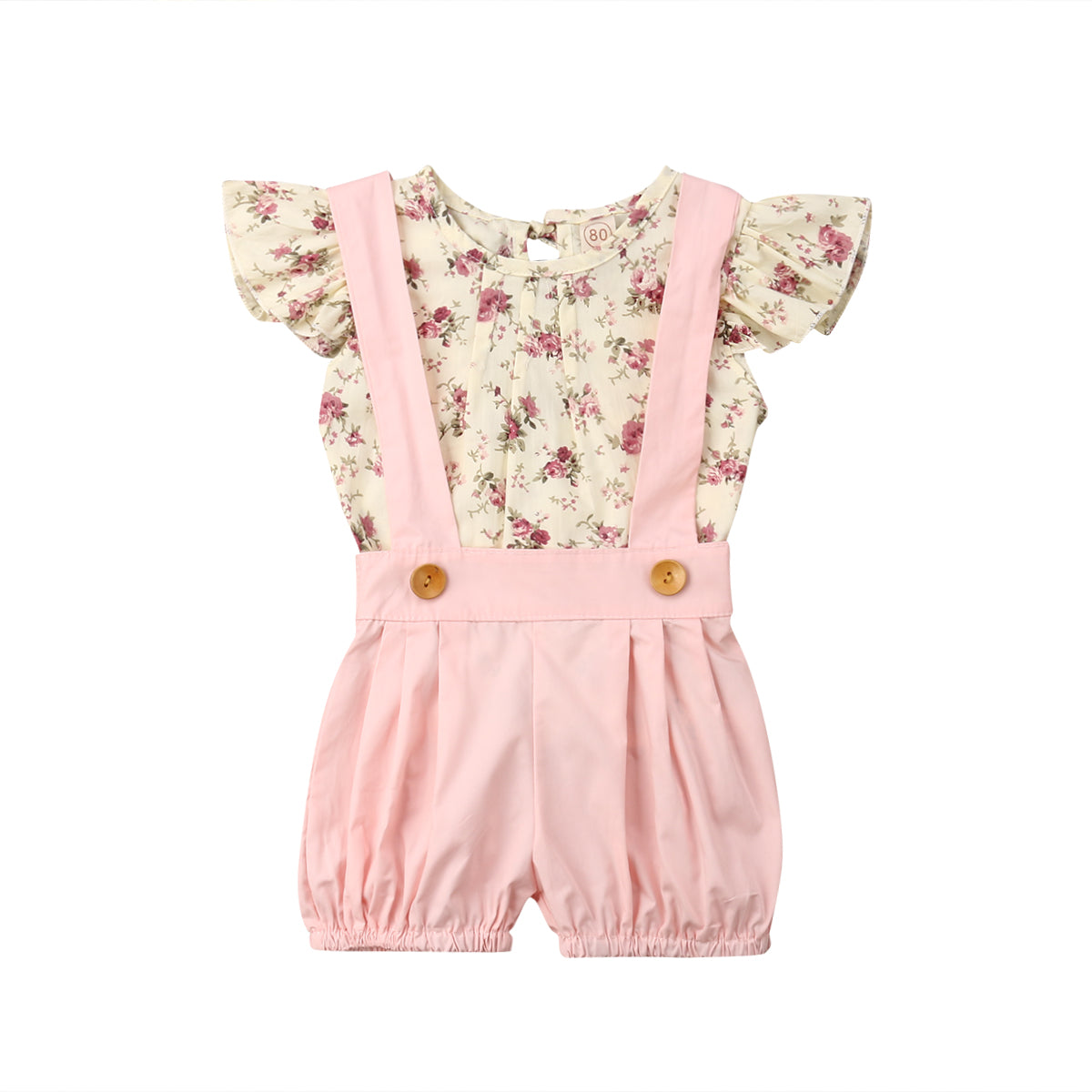 Cute Pretty Infant Kids Girls Summer 2PCS Sets Short Sleeve Flowers Print T-Shirts Tops+Pink Overalls Shorts