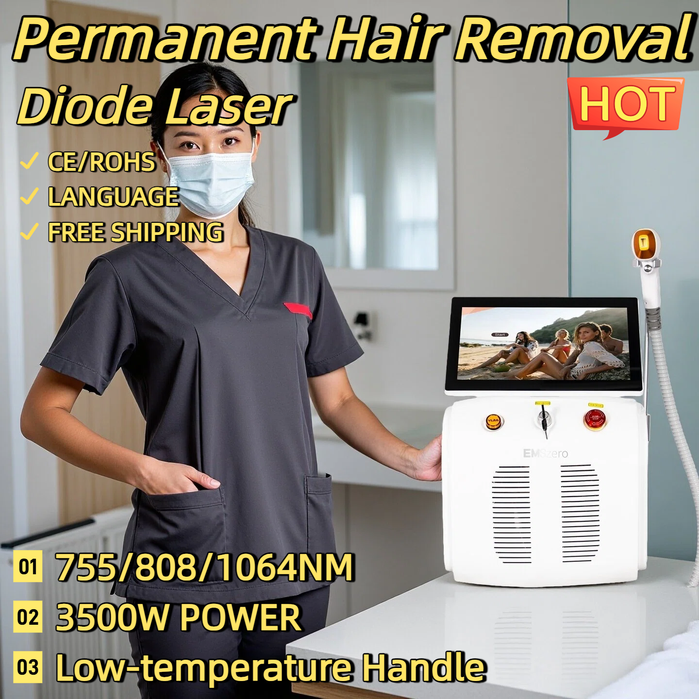 Hot Large Screen Diode Laser Hair Removal Machine Painless Permanent Hair Removal Skin Whitening High Power Smart 3 Wavelengths 755-808-1064nm Laser