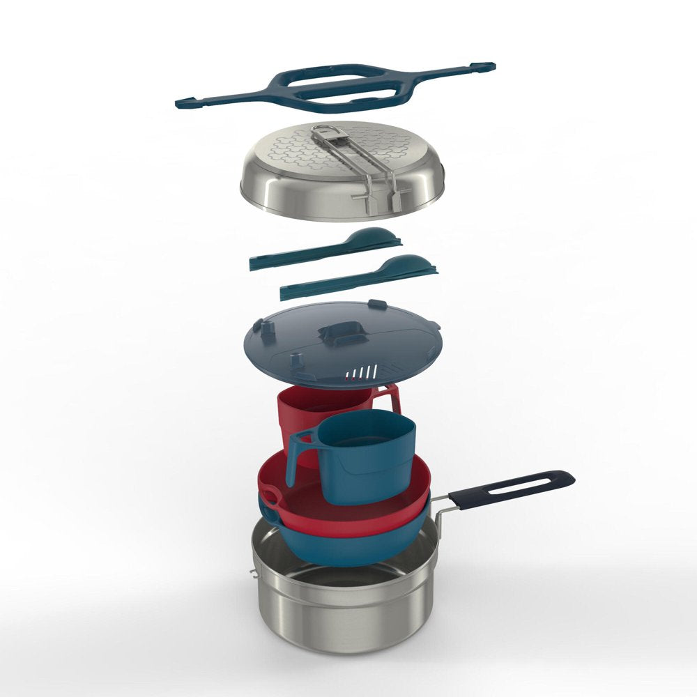 Decathlon Quechua, Non stick Stainless Steel, 71 oz, 14 Piece Camping Cookware Cooking set, 2 Person, Gray