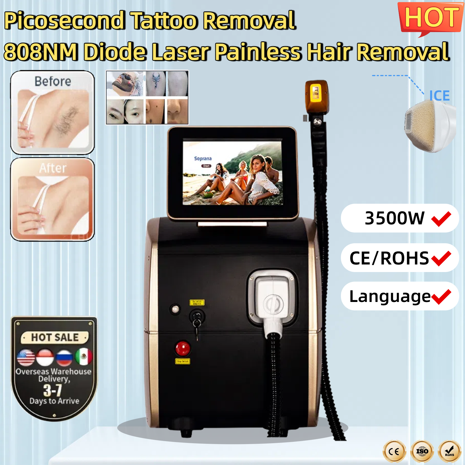 Hot Professional 3000W 808nm Diode Lasers for Pain-Free Permanent Hair Removal Alexandrit Permanent Painless Physical Underarm Body Care Depilation