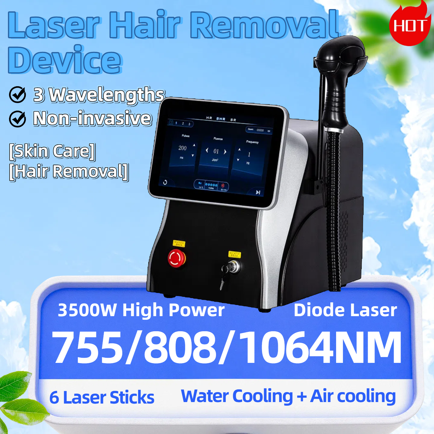 Professional Grade 808NM 808-755-1064 nm Hair Removal Device Featuring an Advanced Cool-Skin Technology & Three Different Lasers Settings
