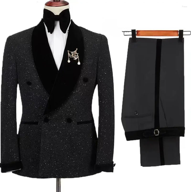 Men&#039;s Suits Men 2 Pieces Shining Jacket With Black Pants Set Velvet Shawl Collar Wedding Groom Tuxedos Double Breasted Dress
