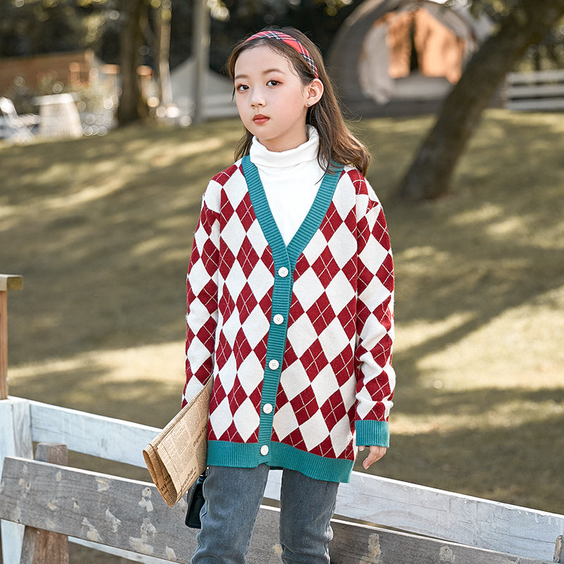 Children Clothes Girls Knitwear Coats Diamond Plaid Cardigan Sweaters woollen Sweater Outerwear 5 6 7 8 9 10 11 12 13 Years Kids