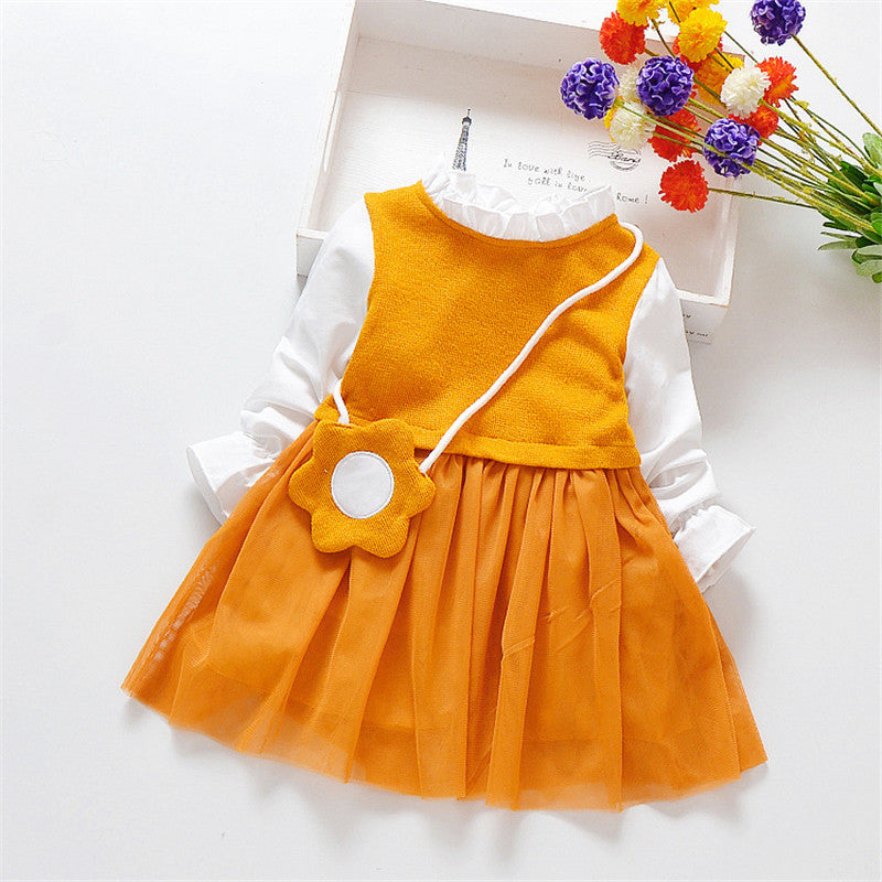 Fashion Baby Girl Clothes Dresses Infant Baby Girl Long Sleeve Cotton Toddler Dress Tutu Ball Gown Dresses for Girls With Bag