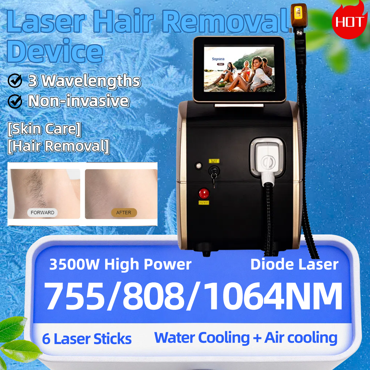Professional Soprano Diode Laser Hair Removal Machine 808nm Ice Titanium 3 Waves Permanent Solution For Women 755-808-1064NM Laser Machine 3000W-350