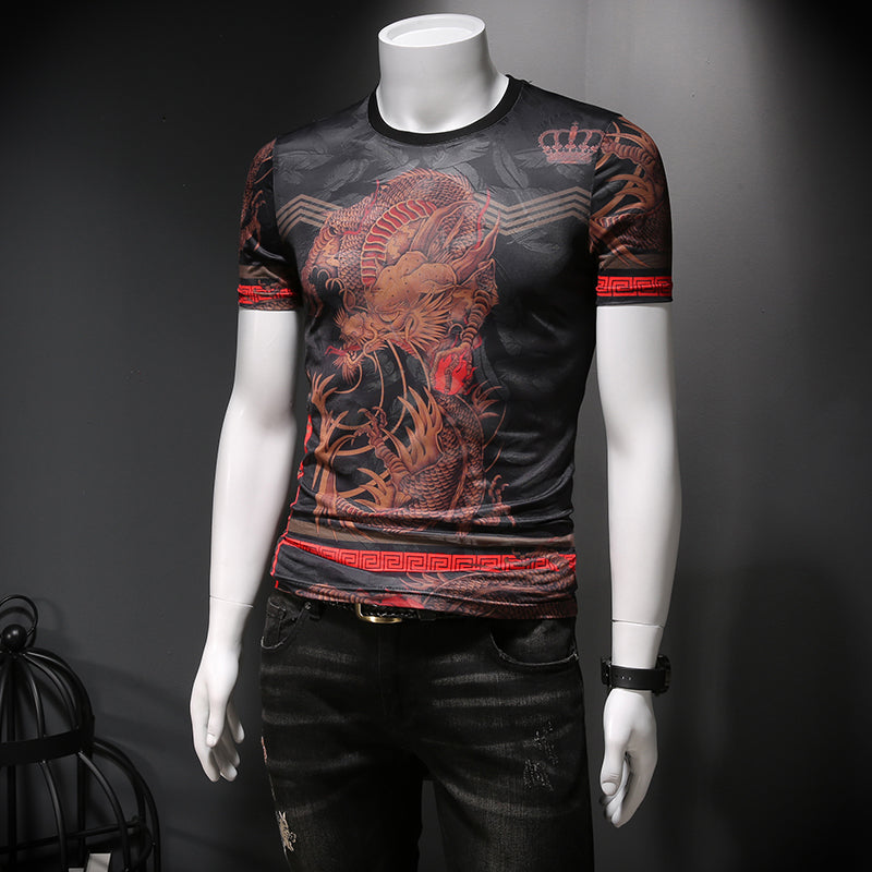 Trendy men&#039;s short-sleeved summer ice silk T-shirt men&#039;s round neck tiger head printing trend half-sleeved youth personality thin section