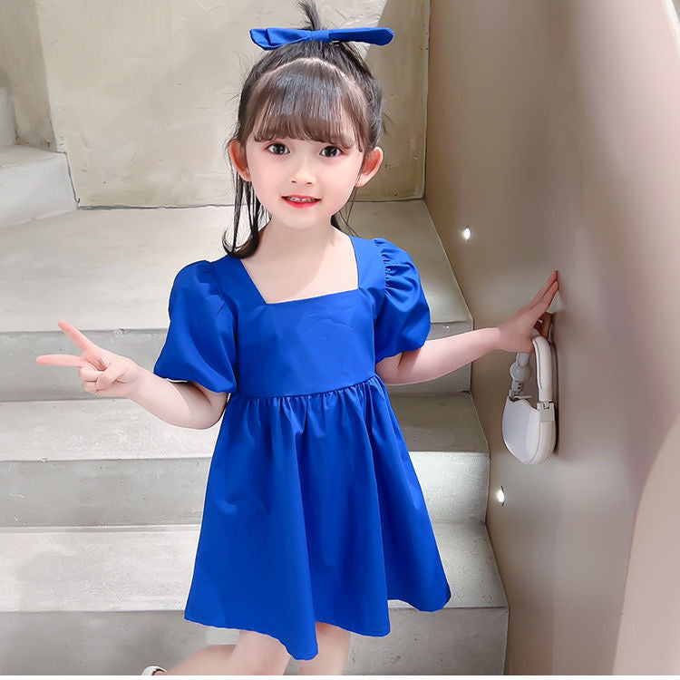 D184 New summer children&#039;s skirt puff sleeves small fresh Klein blue Korean version back love princess skirt baby skirt