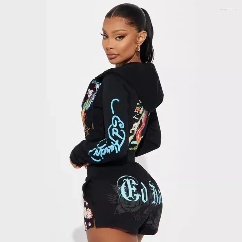Women&#039;s Tracksuits Casual Versatile Shorts Set Hooided Sifreyr Street Printed Fashionable Long Sleeved Zipper Cardigan Jacket High Waist
