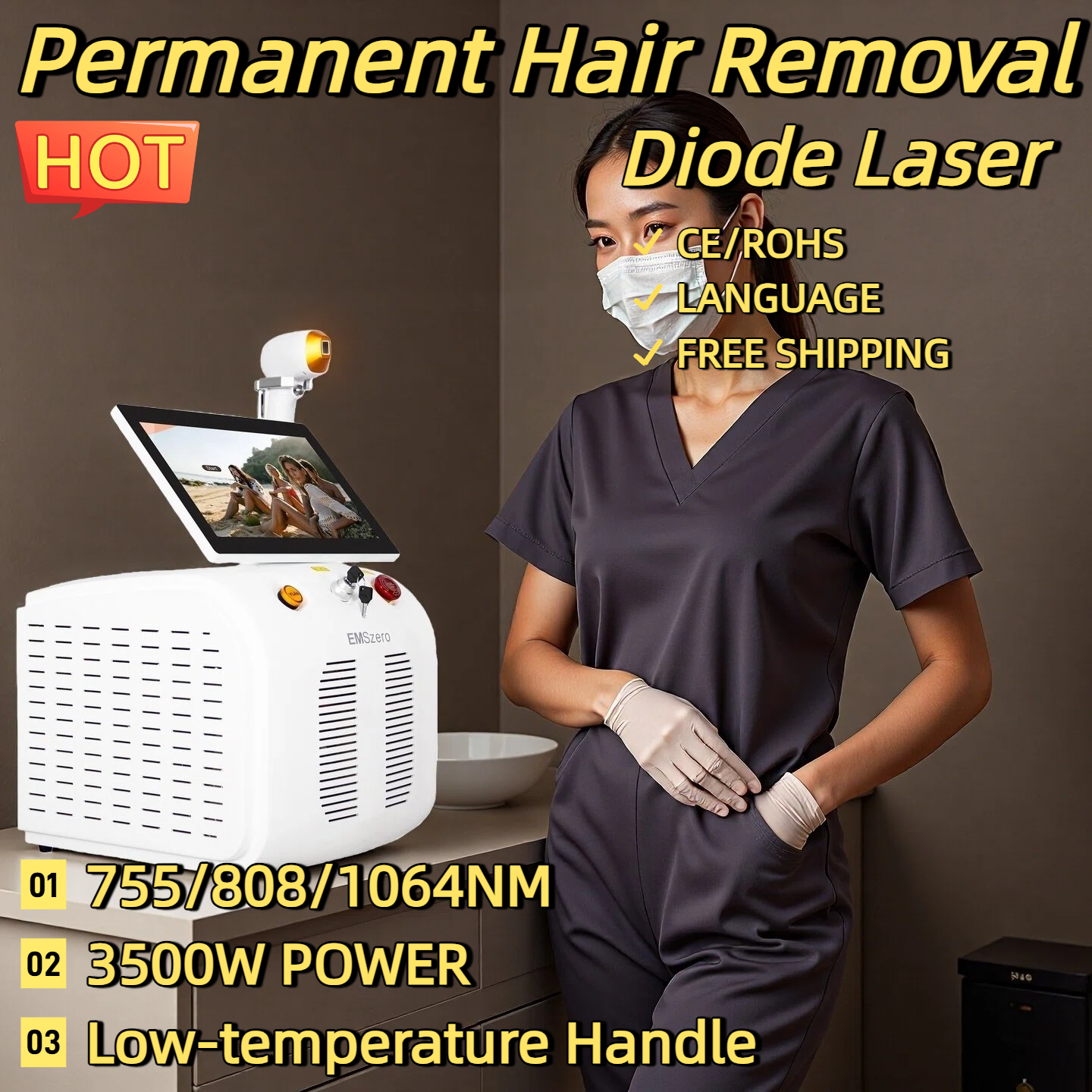 3500W Soprano Titanium Ice Platinum Diode 755 808 1064nm 3 Wavelength Laser Machine Painless Diode Hair Removal Machine CE-ROHS