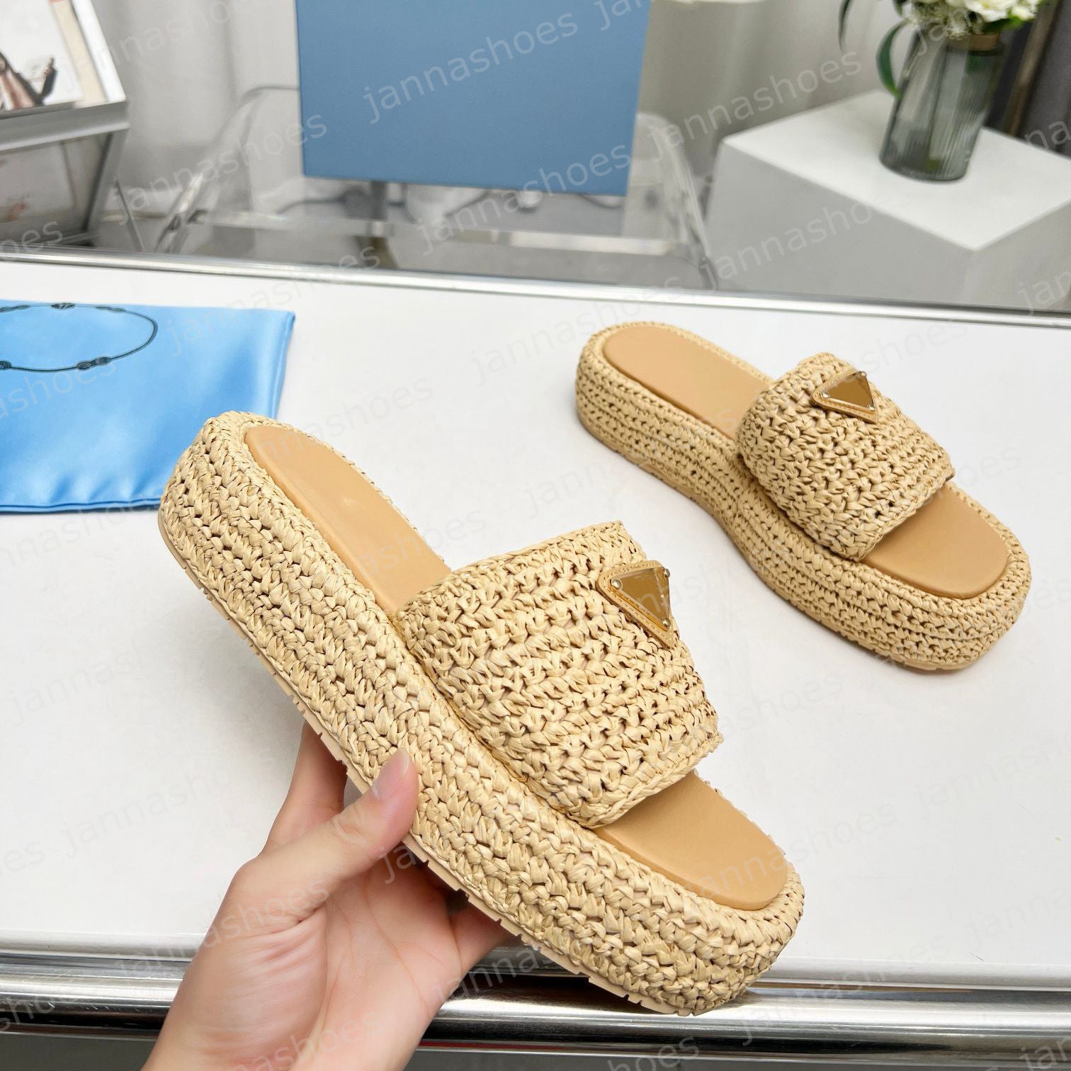 top quality Slippers luxury Designer Casual shoe sandals women men triangle Sliders fashion sandal Raffias Straw weave platform shoes Slide beach po