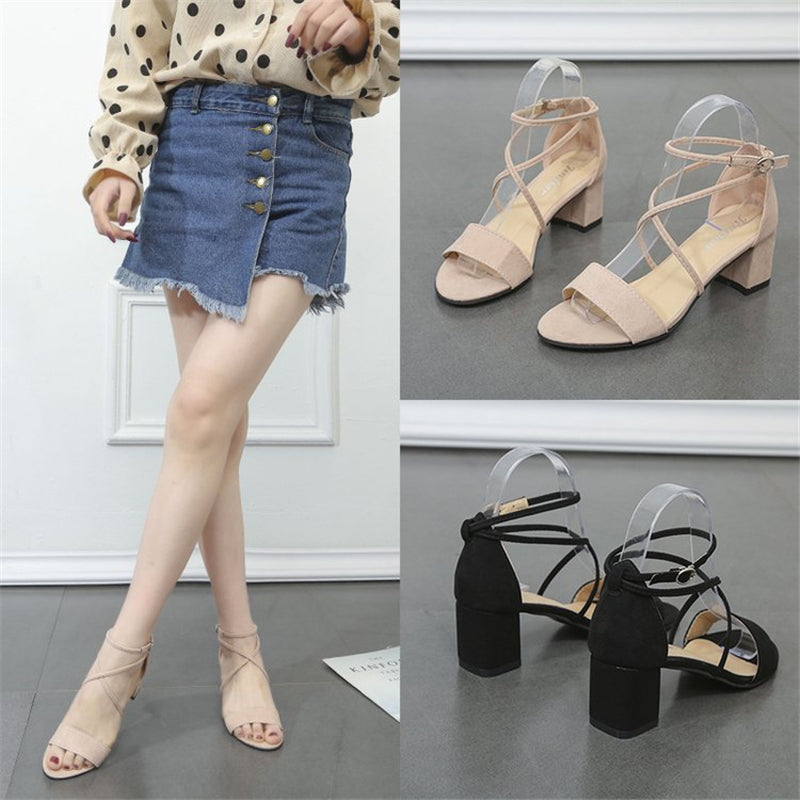 Womens shoes summer new Korean version of the open toe simple thick heel with a word buckle retro high heel sandals1