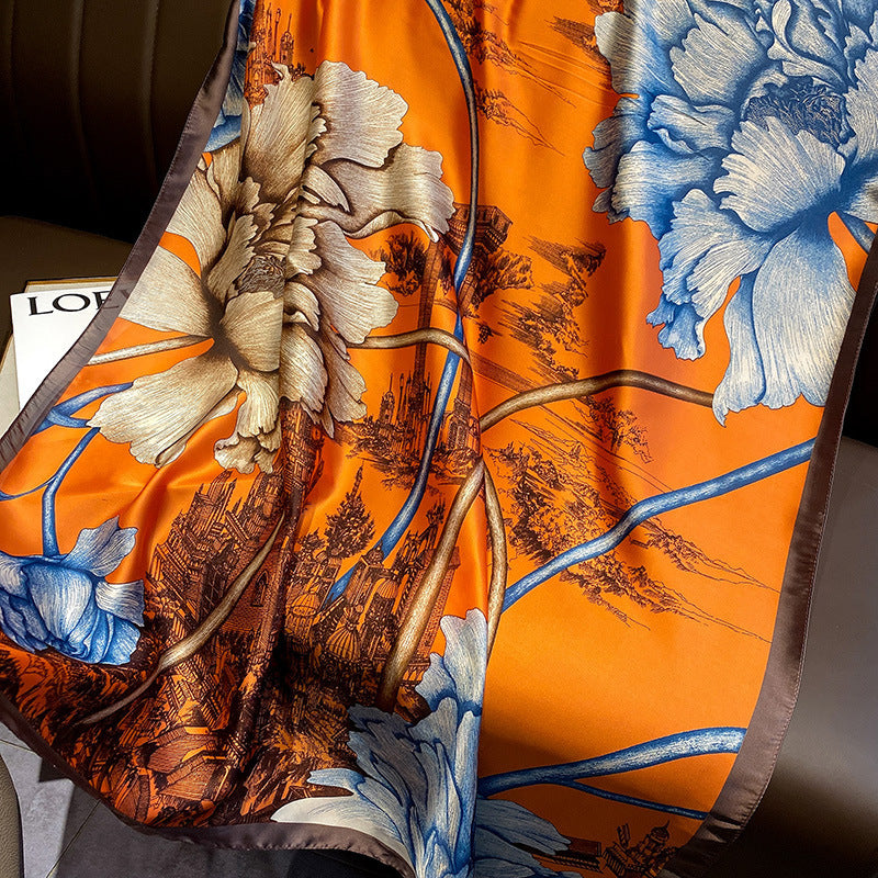 2023 New Korean Style Scarf Sunscreen Lengthened Printed Imitated Silk Scarves Womens Long Silk Scarf Beach Towel Wholesale