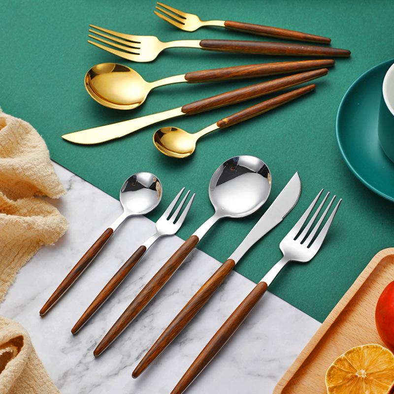 Dinnerware Sets 1Pcs Stainless Steel Dishes Tableware Imitation Wood Handle Table Knife Fork Spoons Cutlery Travel Kitchen Tools