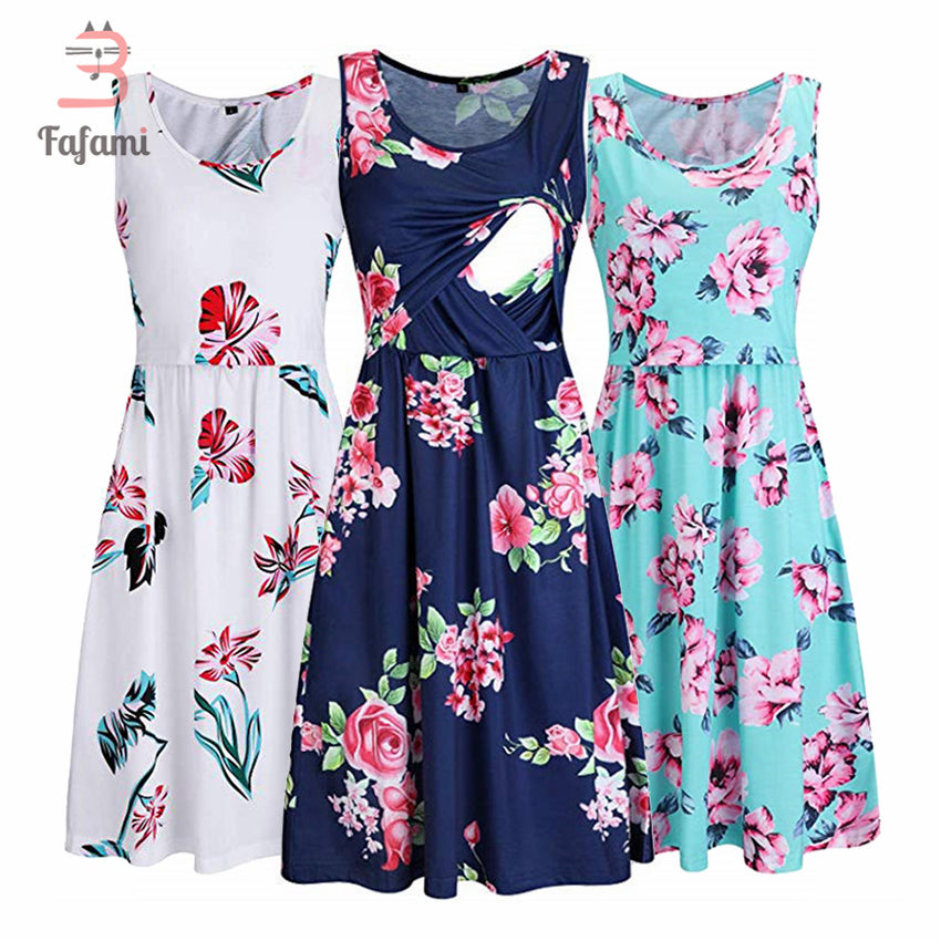 Maternity Sundress Summer Casual Midi Nursing Dress Maternity Breast Feeding Clothes Womens Breastfeeding Sleepwear Cotton