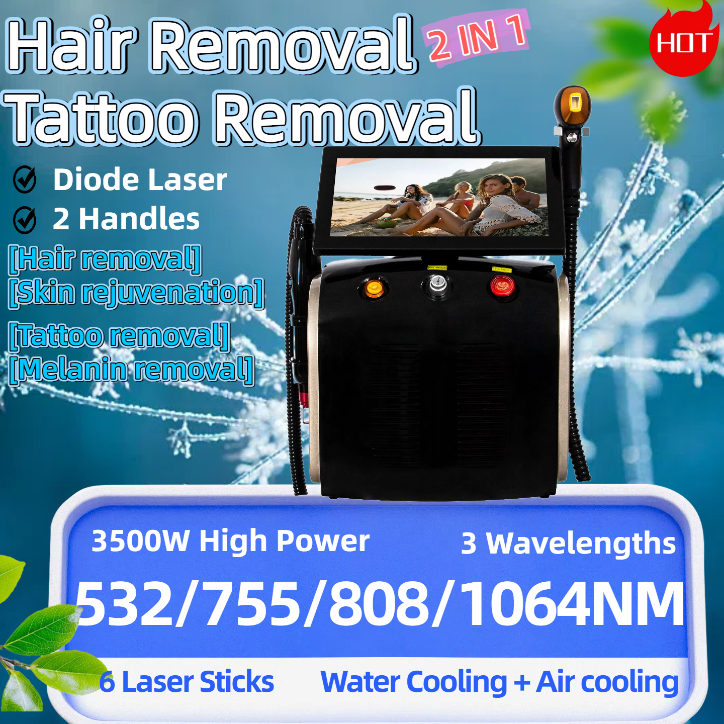 Portable Diode Ice Titanium Laser Hair Removal Skin Rejuvenation Tattoo Removal Machine Professional Permanent Alexandrite Device 808nm 4 Waves