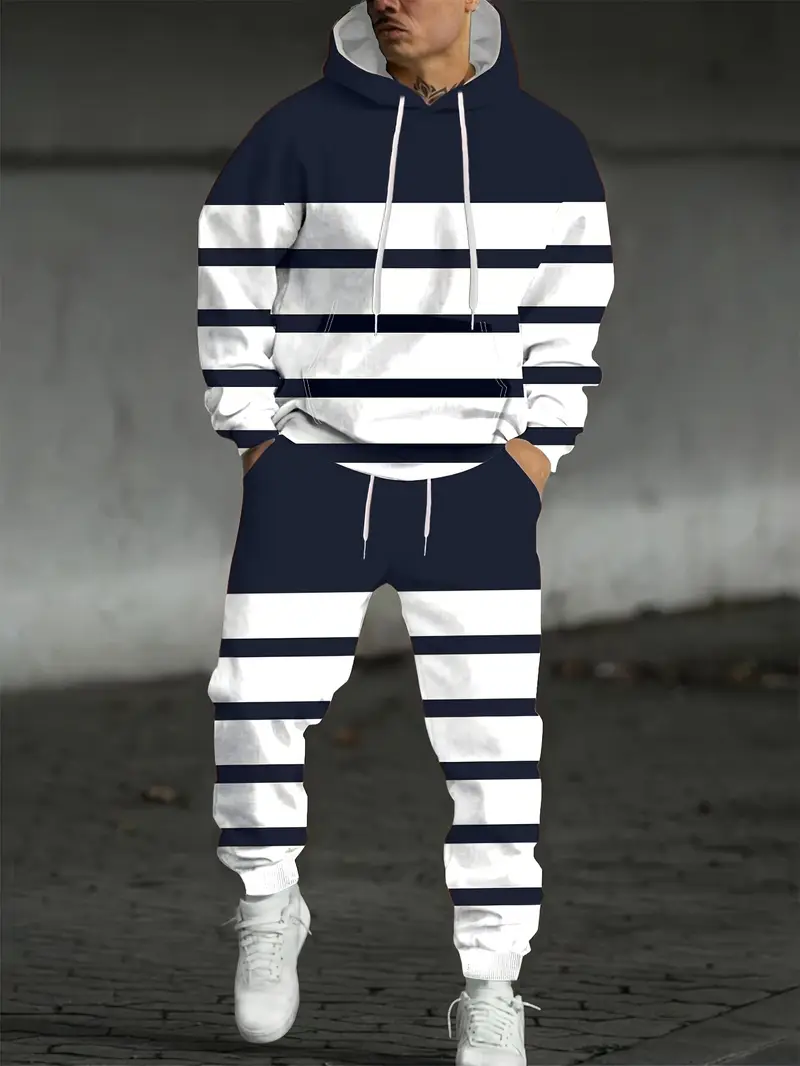Men&#039;s Striped Color Block Hoodie Set - 2 Piece Casual Streetwear Tracksuit 2-3-3