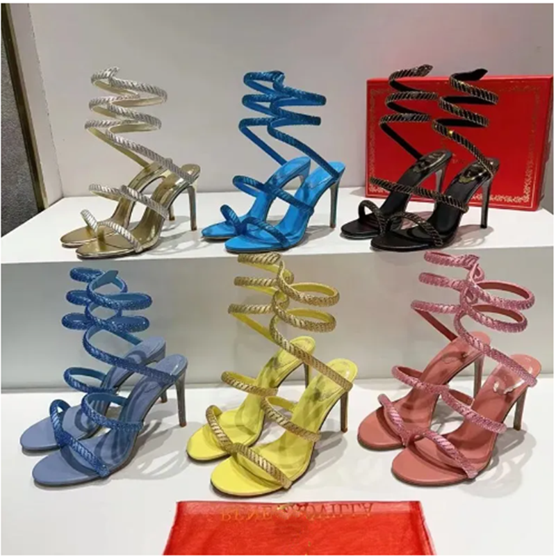 Sandals High Heels Dress Shoes Sandal Luxury Designer Crystal Ankle Strap Winding 9.5Mm Thenew Fashionable Stiletto Heel For Womens Rene