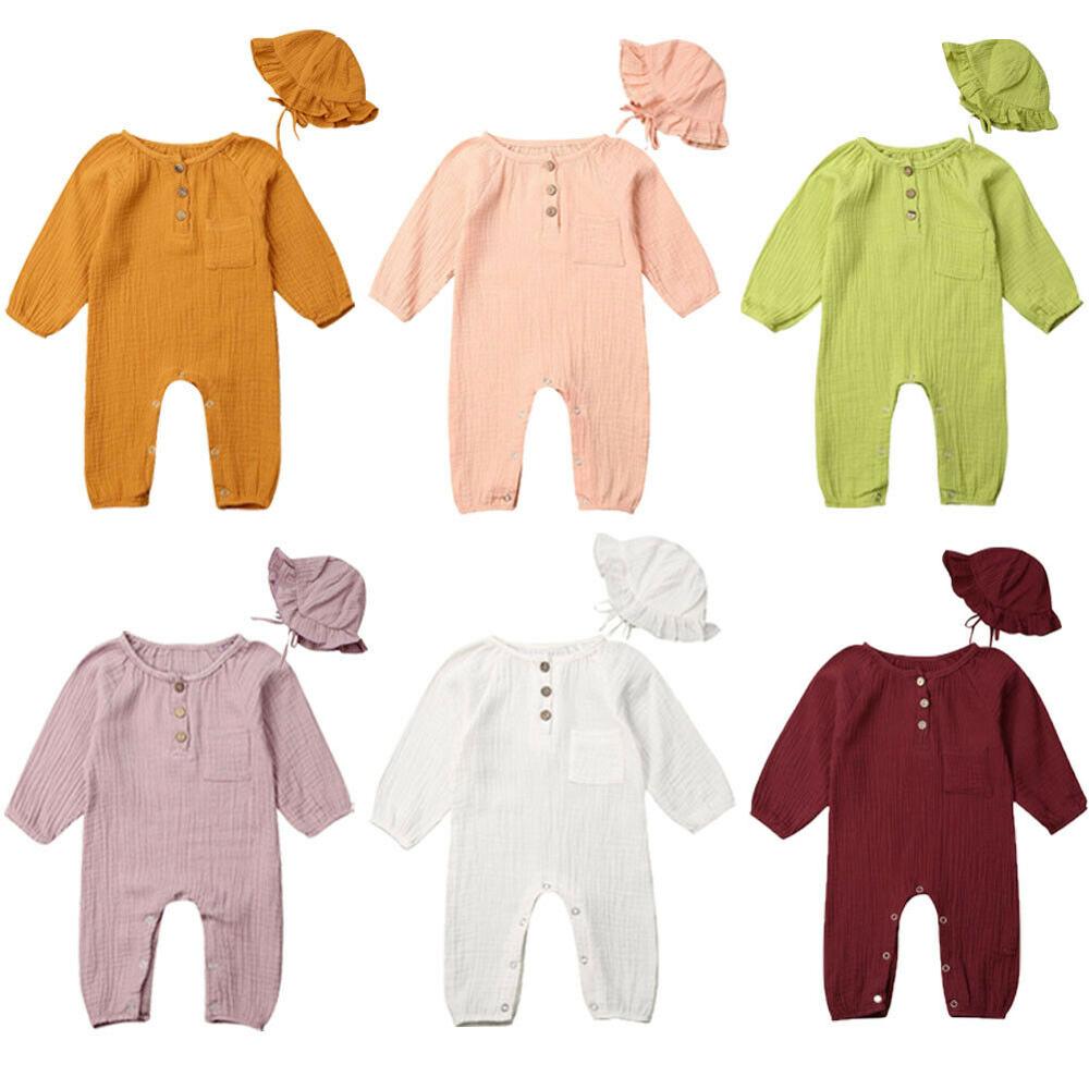 Newborn Infant Baby Girls Boys Rompers Solid Cotton and Linen Romper + Hat Autumn Winter Clothes