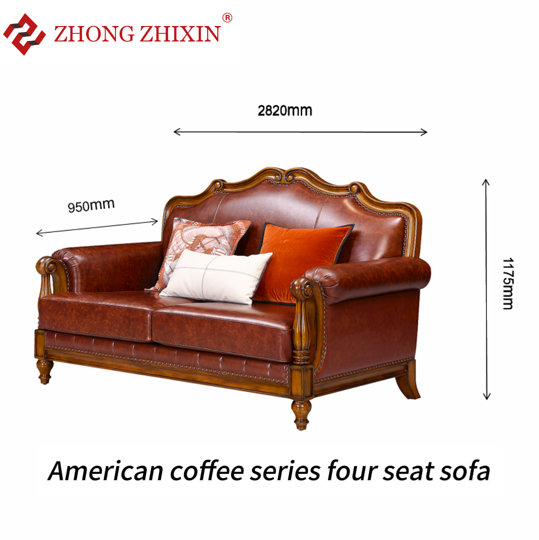 Zhong zhixin Designer Solid Wood Sofa Set, Luxury Leather Upholstered, American Style 3-Piece Living Room Furniture Including Sofa, Coffee Table & S