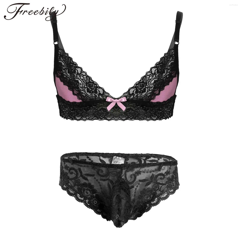 Bras Sets Sissy Lace Lingerie Set Mens Two Piece Crossdress Underwear Adjustable Straps Bra Top With Sheer Briefs For Nightwear Sleepwear