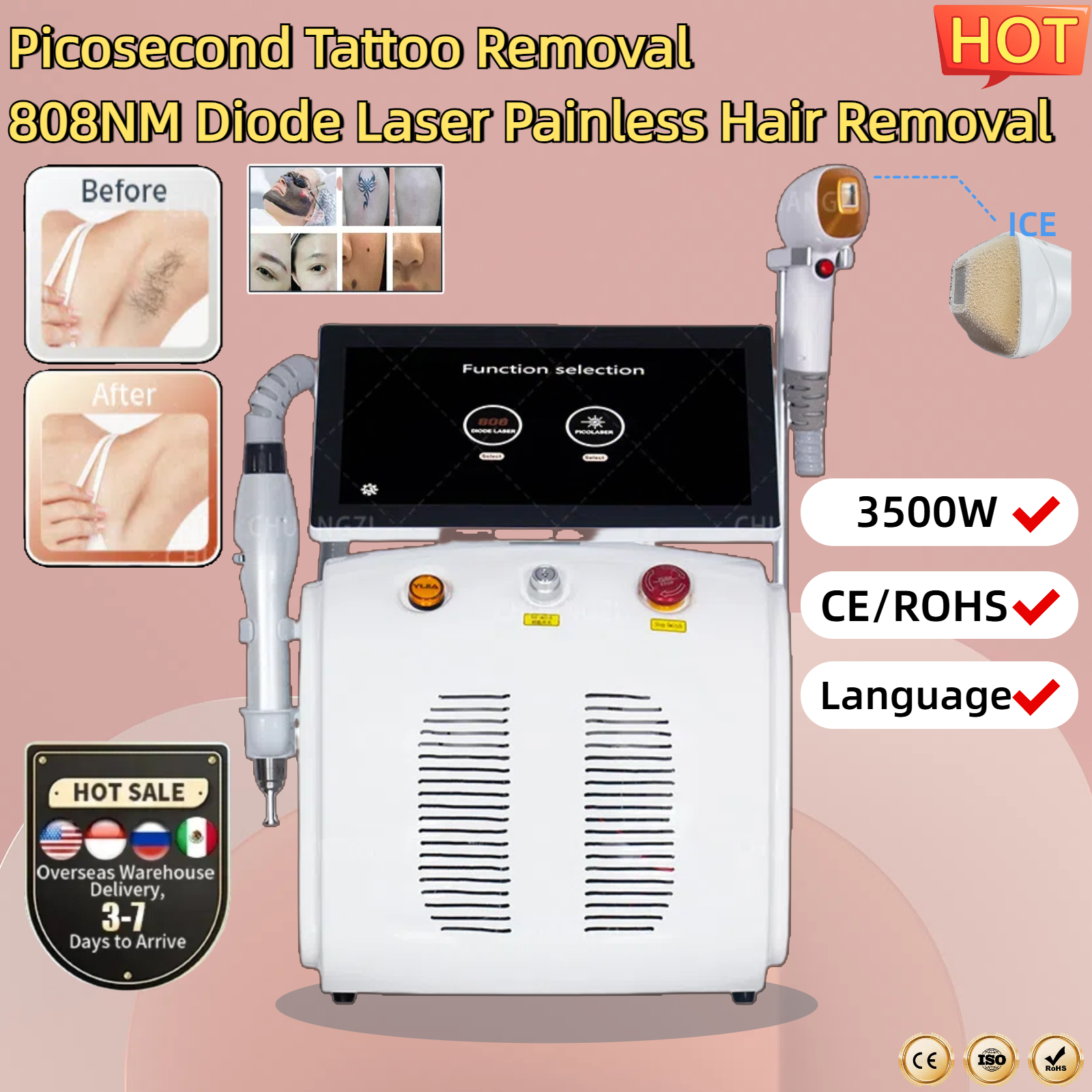 808nm Laser Hair Removal Machine Sapphire Laser Cooling Handle 3500W Touch Screen Efficient Safe Painless And Non-traumatic Beauty Machine