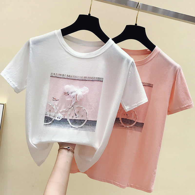 Korea New Spring Summer tshirt Casual Bike Print For Women Short Sleeve T-shirts Female Fashion Funny Women Soft Tshirt