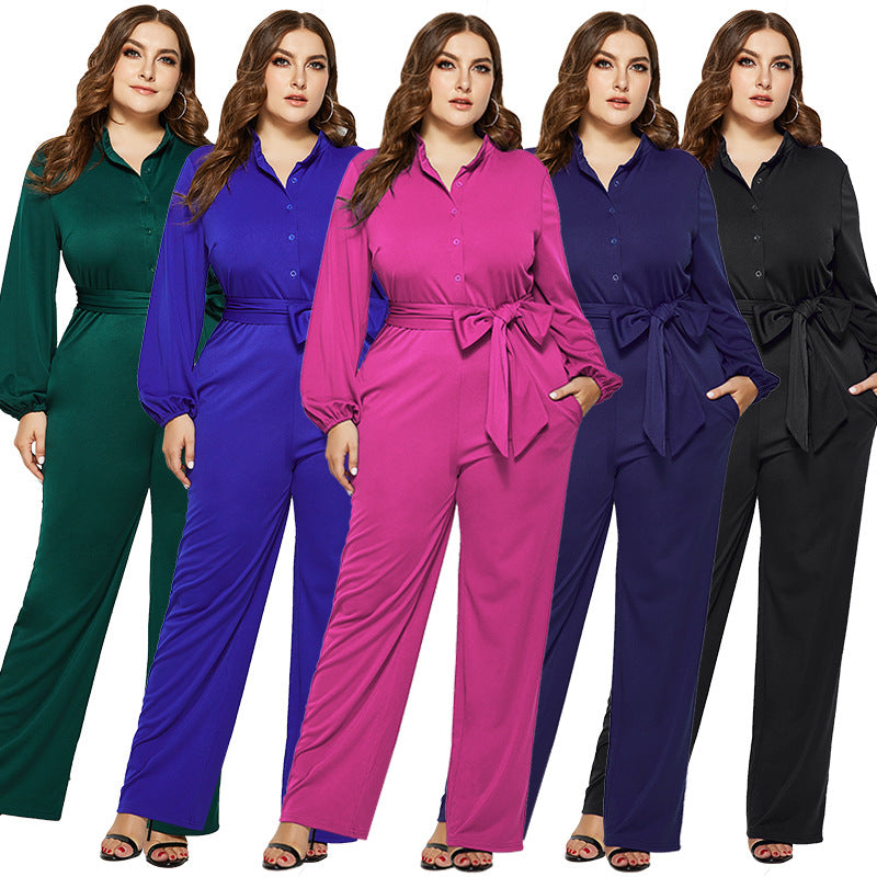 Plus Size Jumpsuit for Women Loose Solid Playsuit Office Lady Romper Long Sleeve Party Elegant Jumpsuits Poets Wide Leg Pants