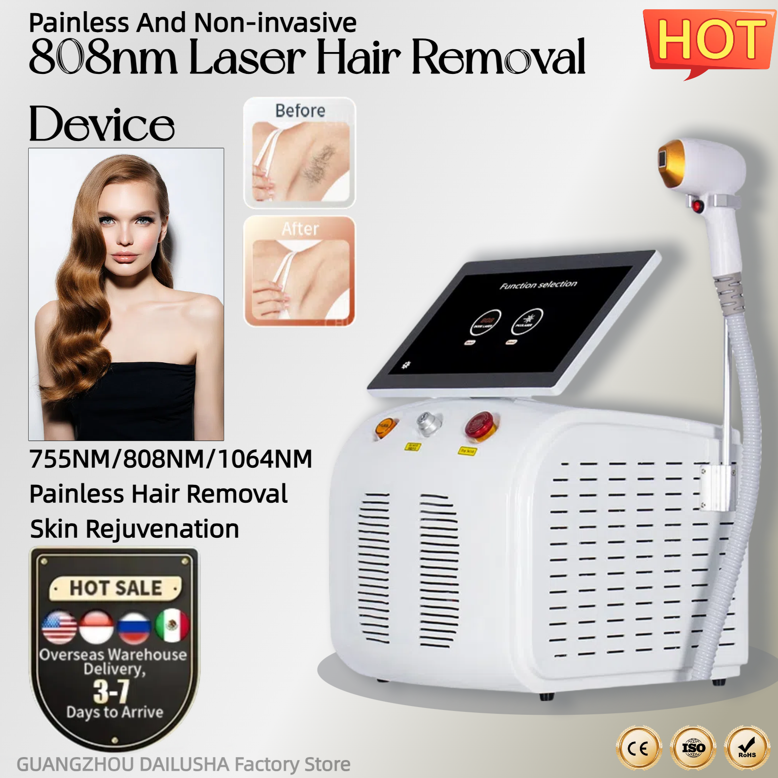 Large Screen Diode Laser Hair Removal Machine Painless Permanent Hair Removal Skin Whitening High Power Smart 3 Wavelengths 755-808-1064nm Laser Mac