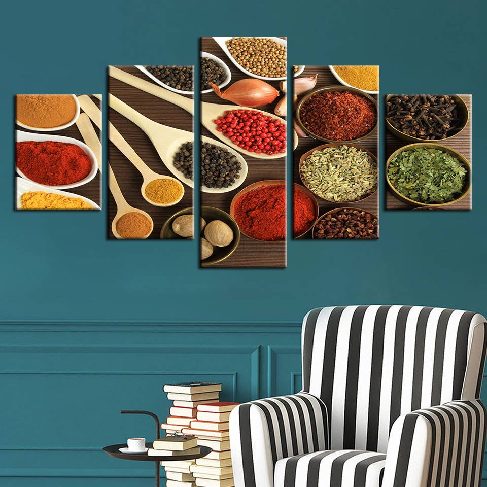 Modern Wall Art Pictures HD Prints 5 Pieces Spoon Grains Spices Modular Canvas Painting Home Decor Kitchen Food Poster No Frame