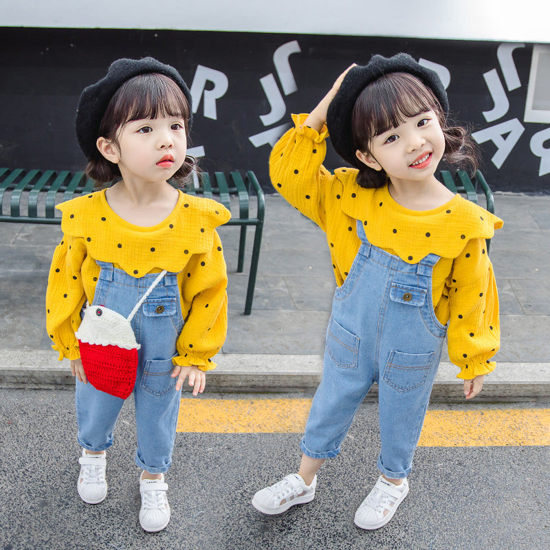 Baby Girls Clothes 2021 Yellow Polka Dot Sweatshirt O-Neck Tops Denim Jumpsuit Overalls Jeans Outfits 1 2 3 4 Years Infant Sets
