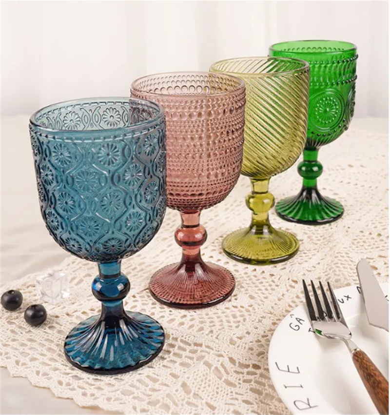 Factory Wholesale Embossed Colored Glass Wine glasses European Juice Glasses Wine Goblets Wedding Decoration Cups 240ml