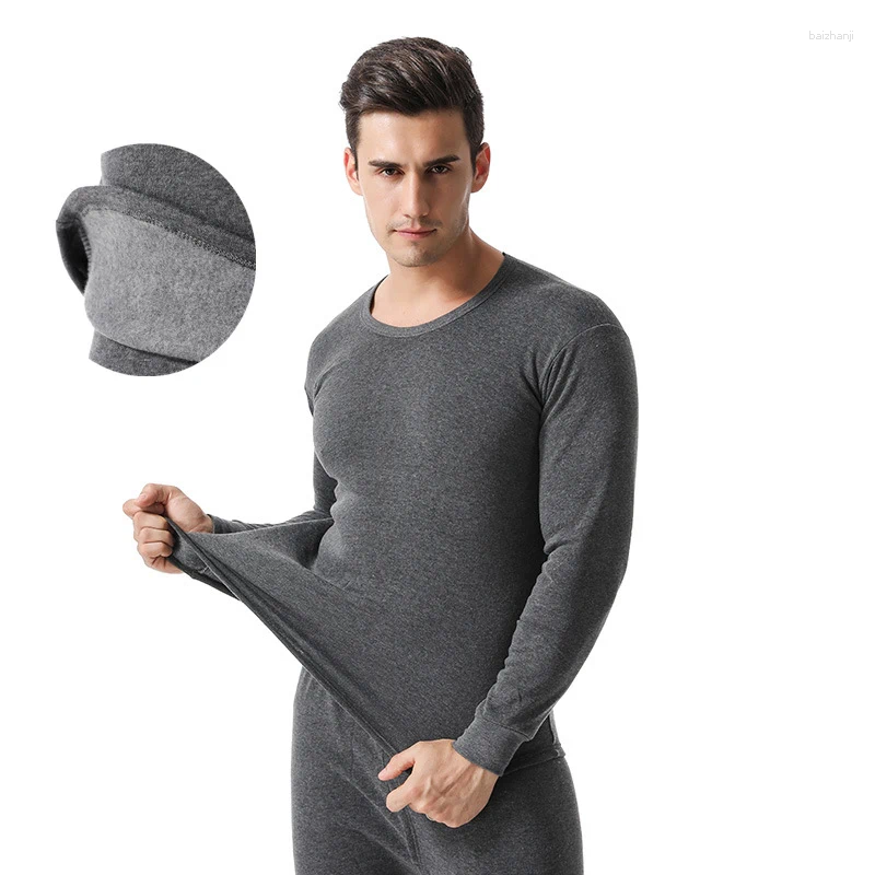 Men&#039;s Thermal Underwear Autumn&Winter Style Men Solid Round Collar Set With Warm Wool And Thick Clothing Long Johns