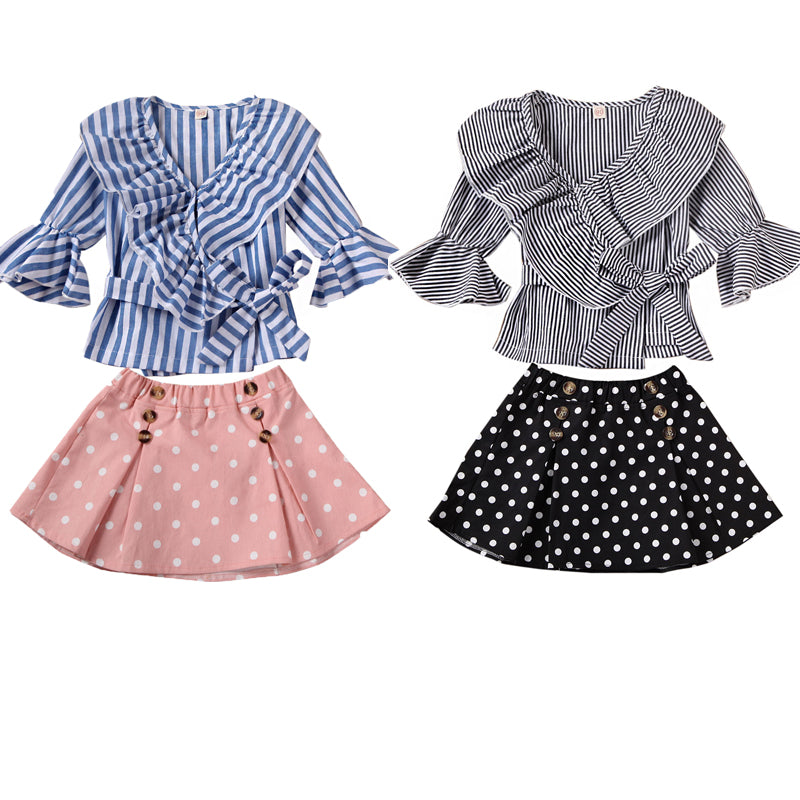 Fashion Infant Baby Girl Kid Clothes Sets Striped Trumpet Sleeve Top + Polka Print A-Line Skirt Outfit Set 1-6Y