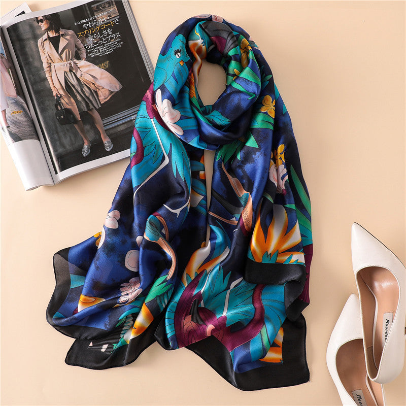 Women Parrot Pattern 100 Natural Silk Scarf Luxury Designer Bird Wraps and Shawls Brand Long Foulard Bandana Beach Cover-ups New
