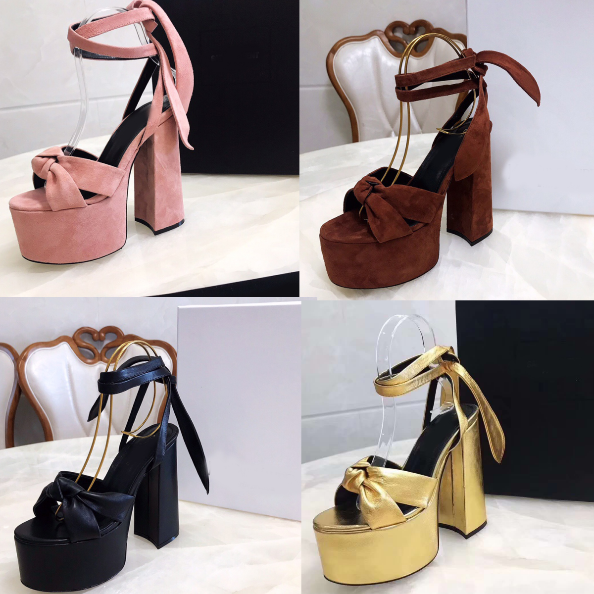 Designer Sandals Women Slipper 14CM Leather Suede Strap High Heeled Shoes Stage Waterproof Platform Thick heeled Sandals Black Bright Bandage Wrap S