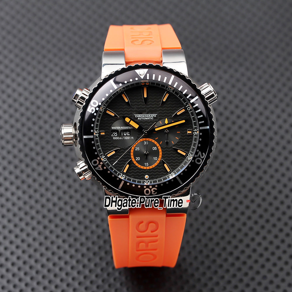 New AQUIS Diver 45mm OS Quartz Chronograph Mens Watch Black Dial Stick Markers Ceramic Bezel Steel Case Orange Rubber Strap Gents Backhand Stopwatch